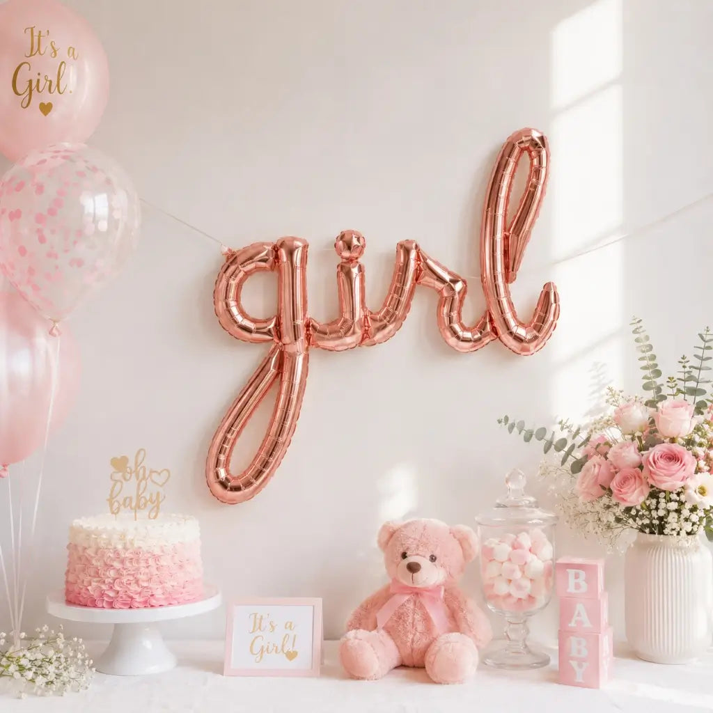 Rose Gold 'Girl' Script Baby Shower Foil Balloon