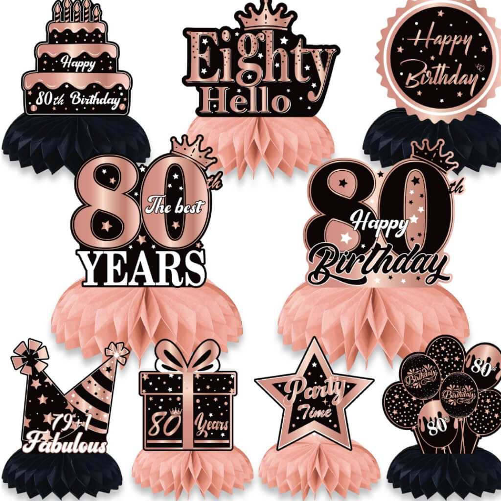 Rose Gold 80th Birthday Honeycomb Centrepieces 9pk