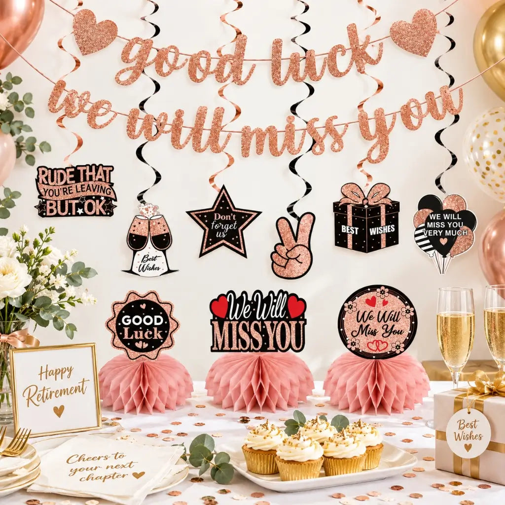 Rose gold Good Luck and We Will Miss You farewell decoration kit