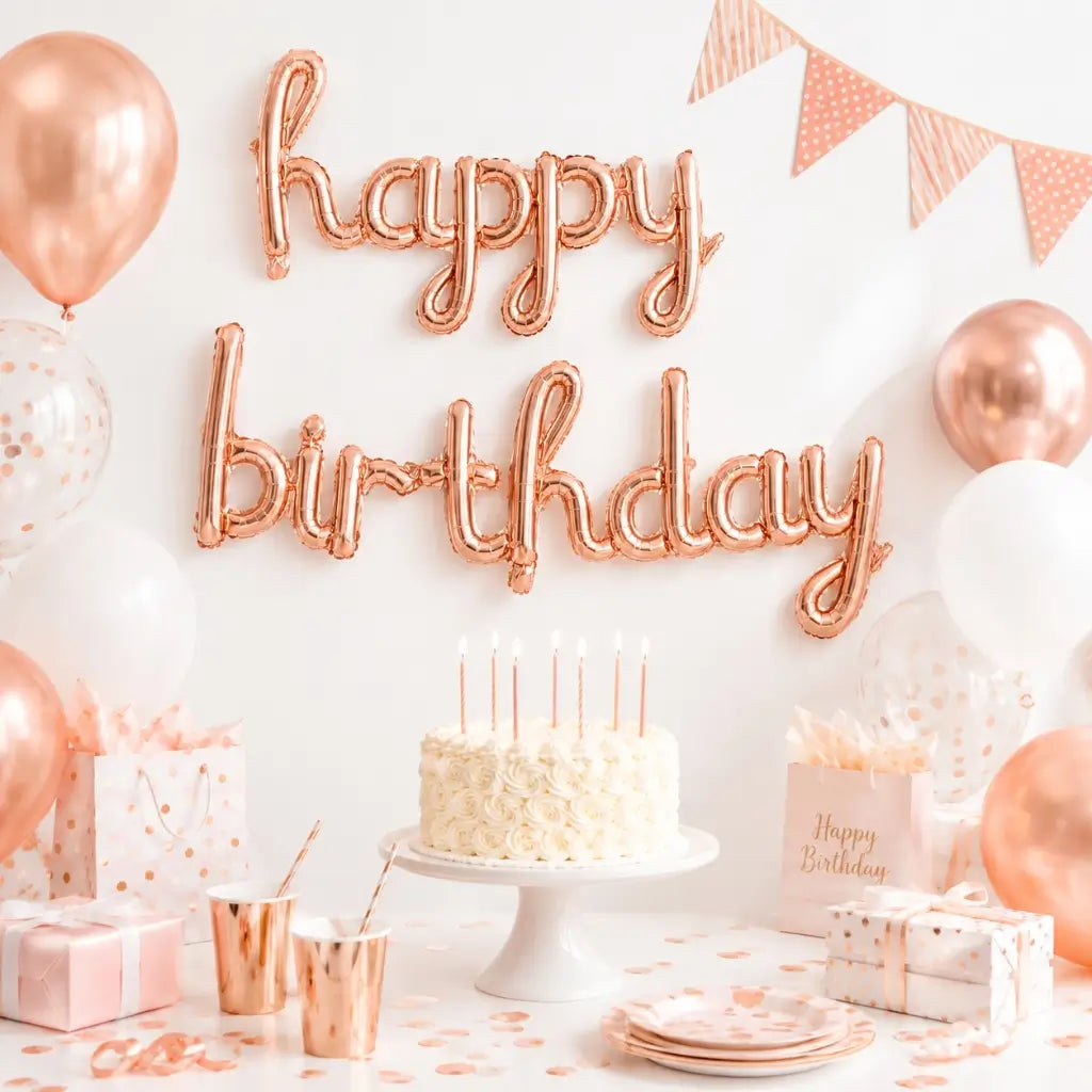 Rose Gold 'happy birthday' Script Balloon Banner Set