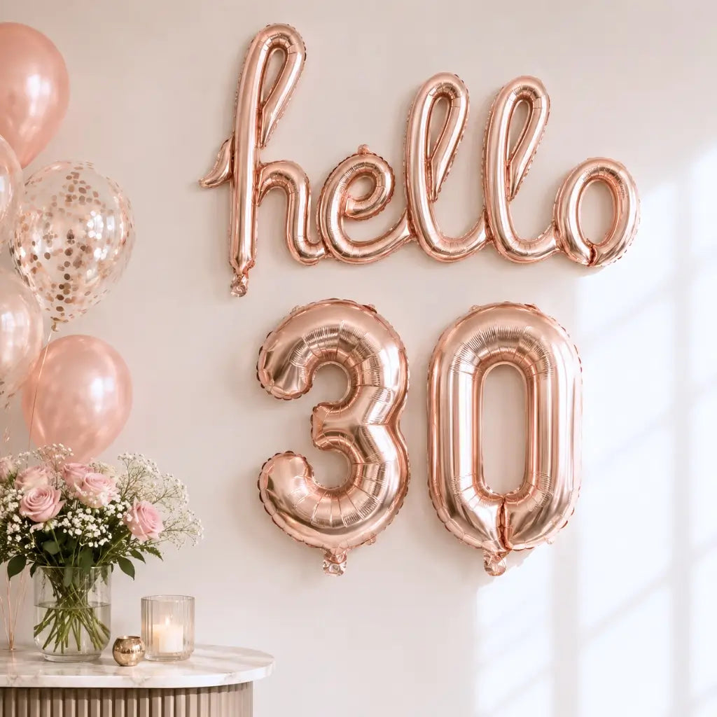 Air-filled Rose Gold 'hello 30' Script Birthday Foil Balloon Banner Bunting.