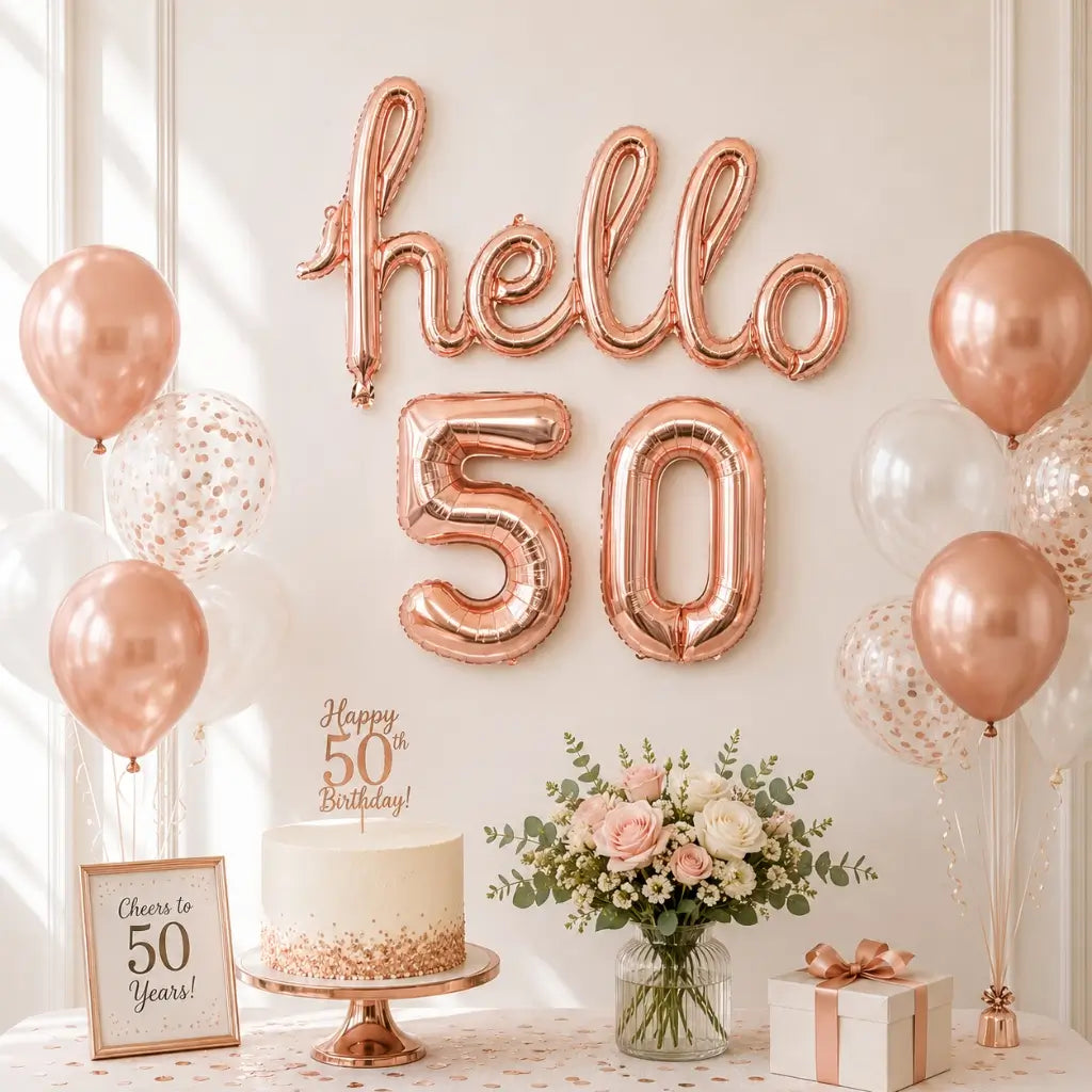 Rose Gold 'hello 50' Birthday Foil Balloon Banner
