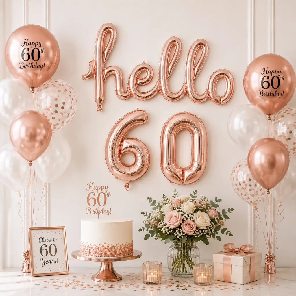 Rose Gold 'hello 60' Birthday Foil Balloon Banner