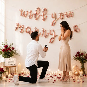 Rose Gold WILL YOU MARRY ME Lowercase Foil Balloon Banner