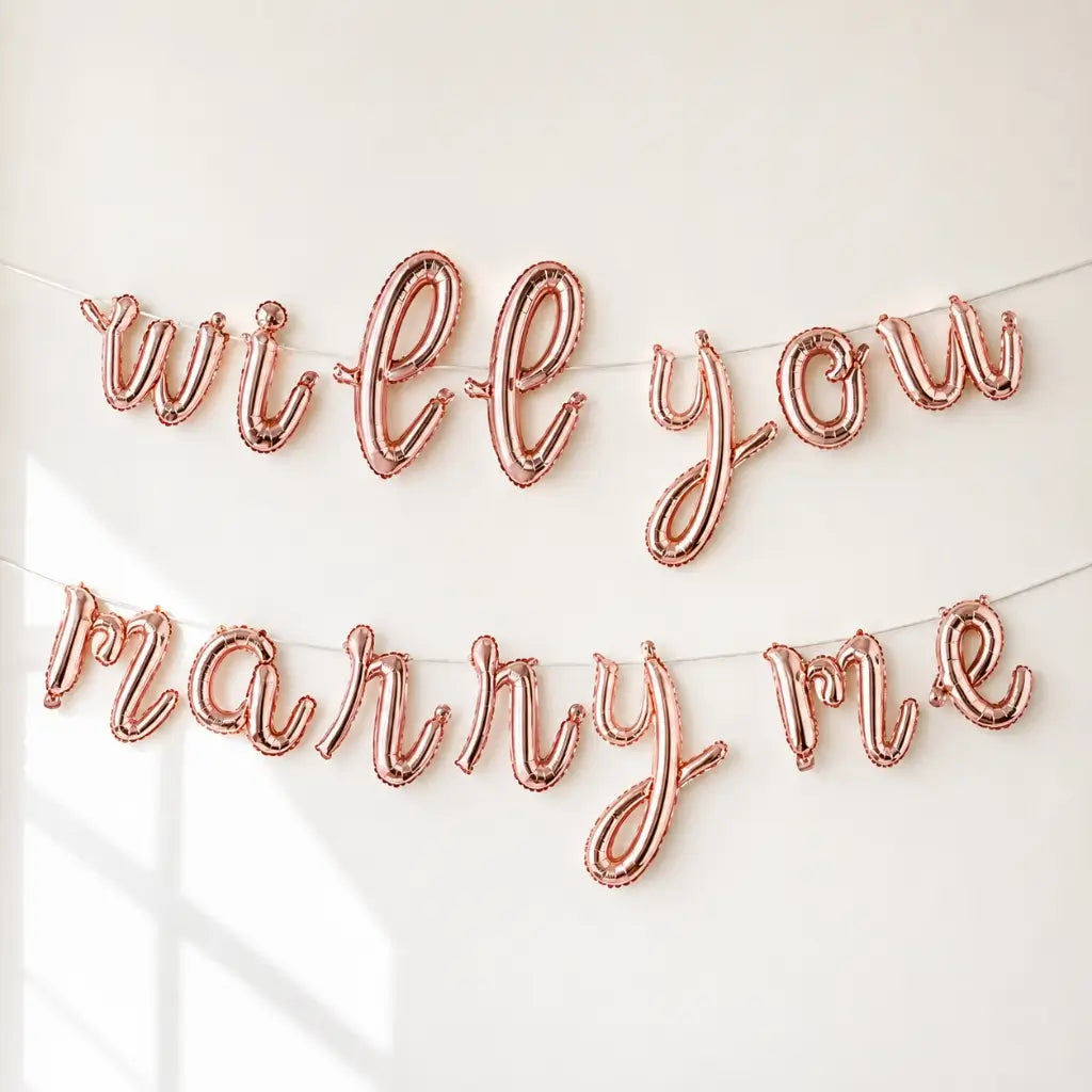 Rose Gold WILL YOU MARRY ME Lowercase Foil Balloon Banner