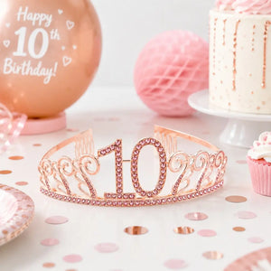 Metal Rhinestone Age 10 Birthday Tiara - Rose Gold