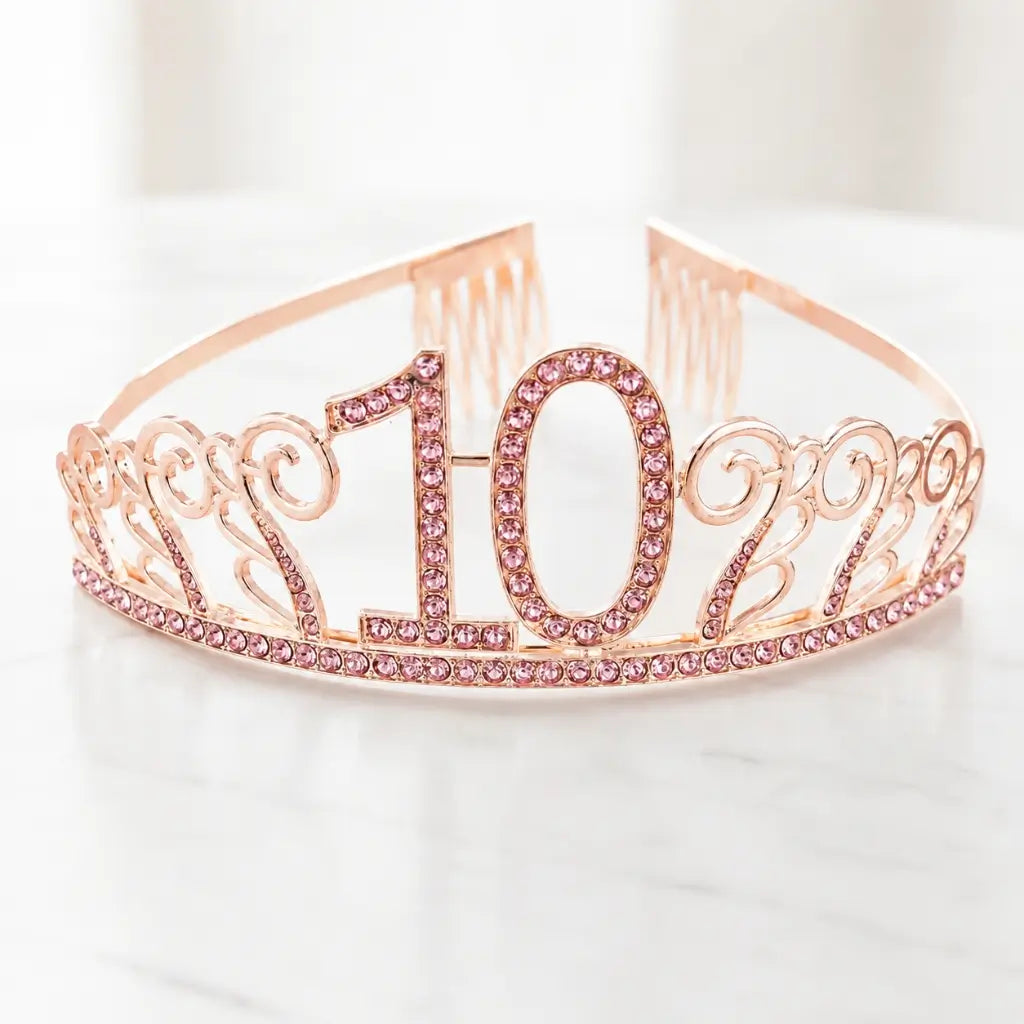 Metal Rhinestone Age 10 Birthday Tiara - Rose Gold