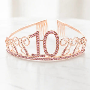 Metal Rhinestone Age 10 Birthday Tiara - Rose Gold
