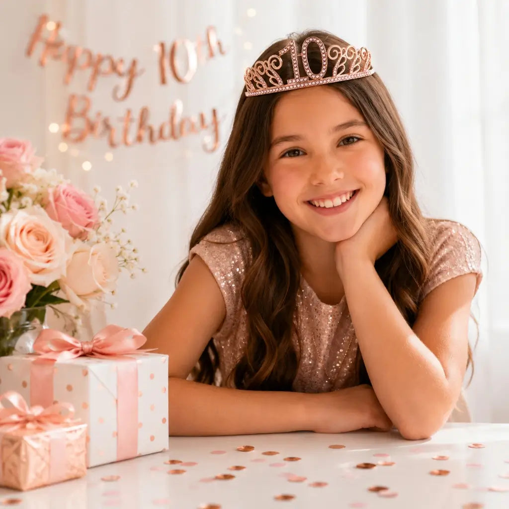 Metal Rhinestone Age 10 Birthday Tiara - Rose Gold
