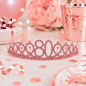 Rose Gold Metal Rhinestone Happy 80th Birthday Tiara