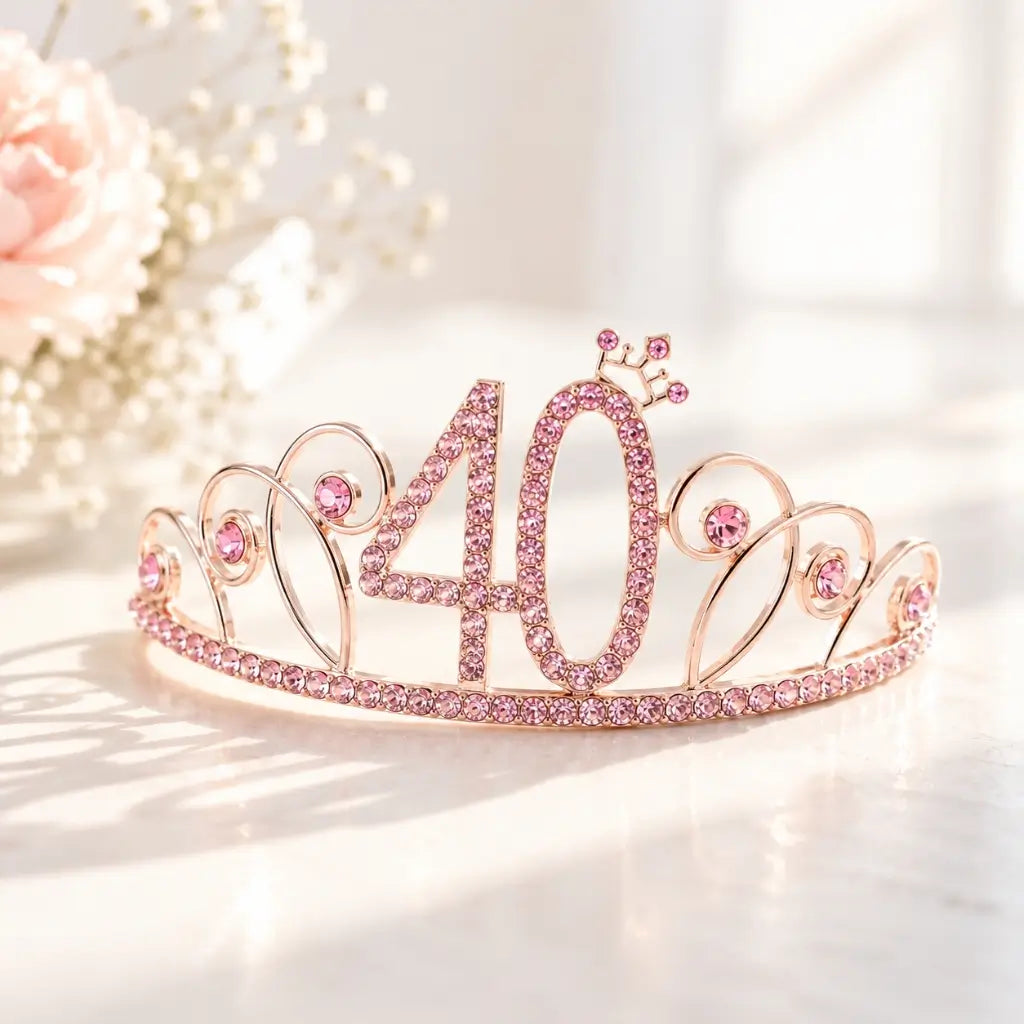 Rose Gold Metal Rhinestone 40th Birthday Crown Tiara