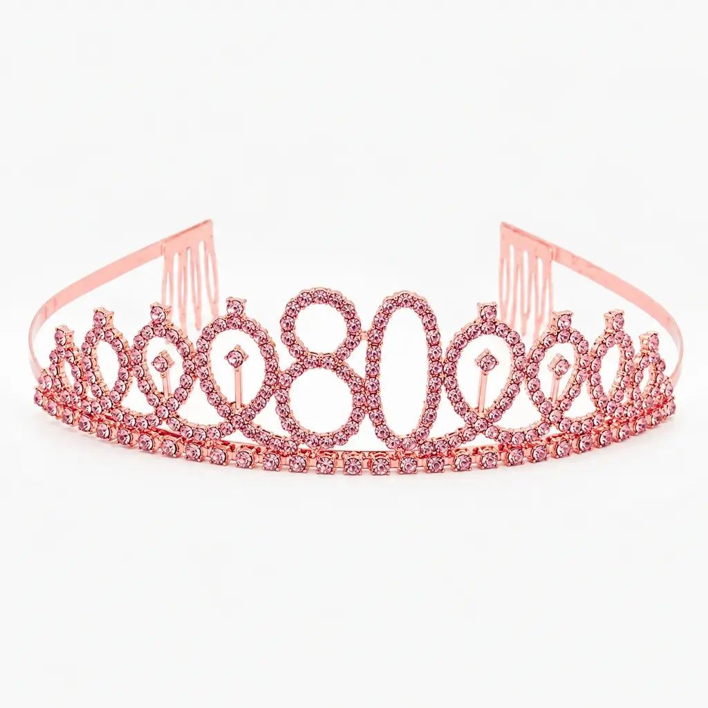 Rose Gold Metal Rhinestone Happy 80th Birthday Tiara