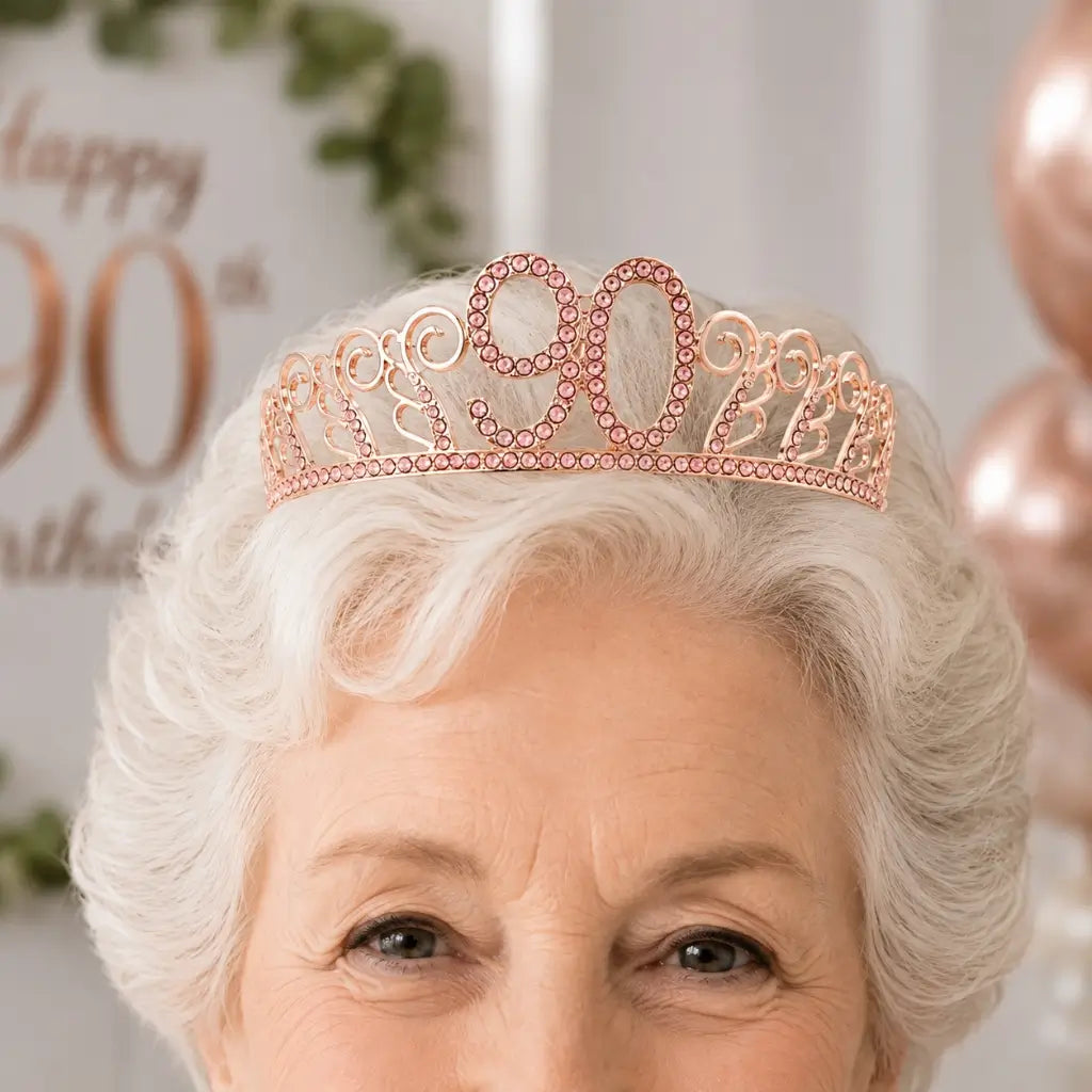 Rose Gold Metal Rhinestone Happy 90th Birthday Tiara