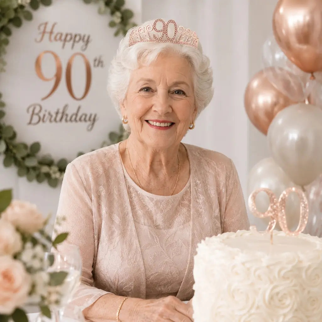 Rose Gold Metal Rhinestone Happy 90th Birthday Tiara