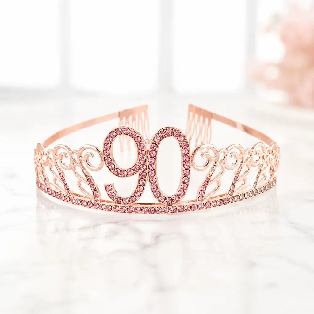 Rose Gold Metal Rhinestone Happy 90th Birthday Tiara