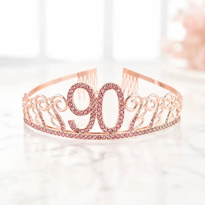 Rose Gold Metal Rhinestone Happy 90th Birthday Tiara