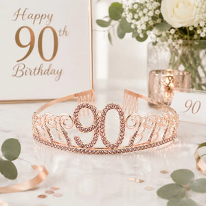 Rose Gold Metal Rhinestone Happy 90th Birthday Tiara
