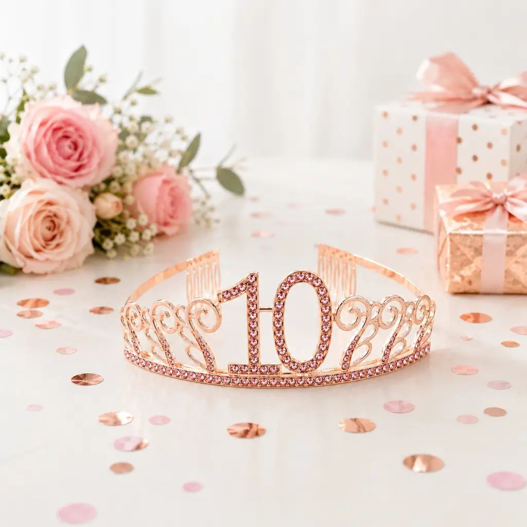 Metal Rhinestone Age 10 Birthday Tiara - Rose Gold