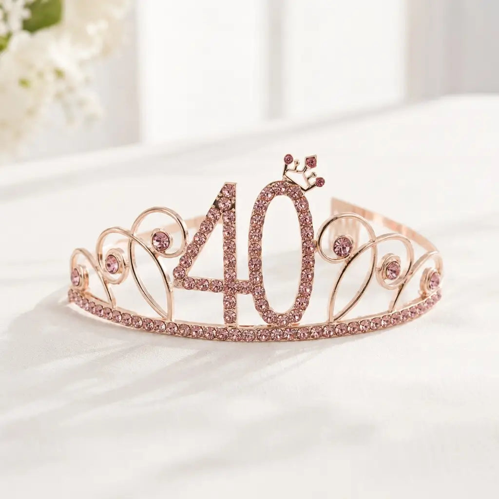 Rose Gold Metal Rhinestone 40th Birthday Crown Tiara