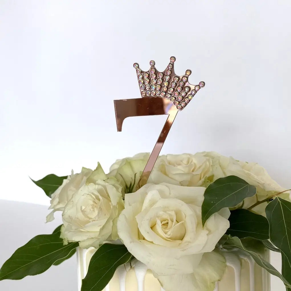 Acrylic Rose Gold Age 7 Rhinestone Crown Cupcake Topper