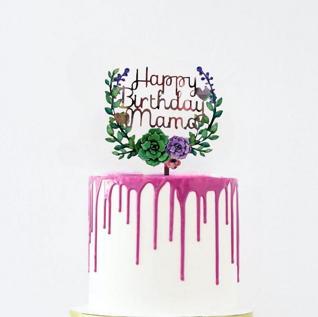 Acrylic 'Happy Birthday Mama' Flower Wreath Cake Topper - Rose Gold Mirror
