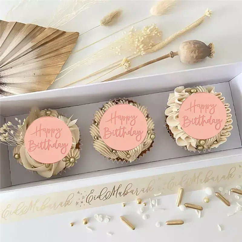 Acrylic Rose Gold Round Disc Happy Birthday Cupcake Topper