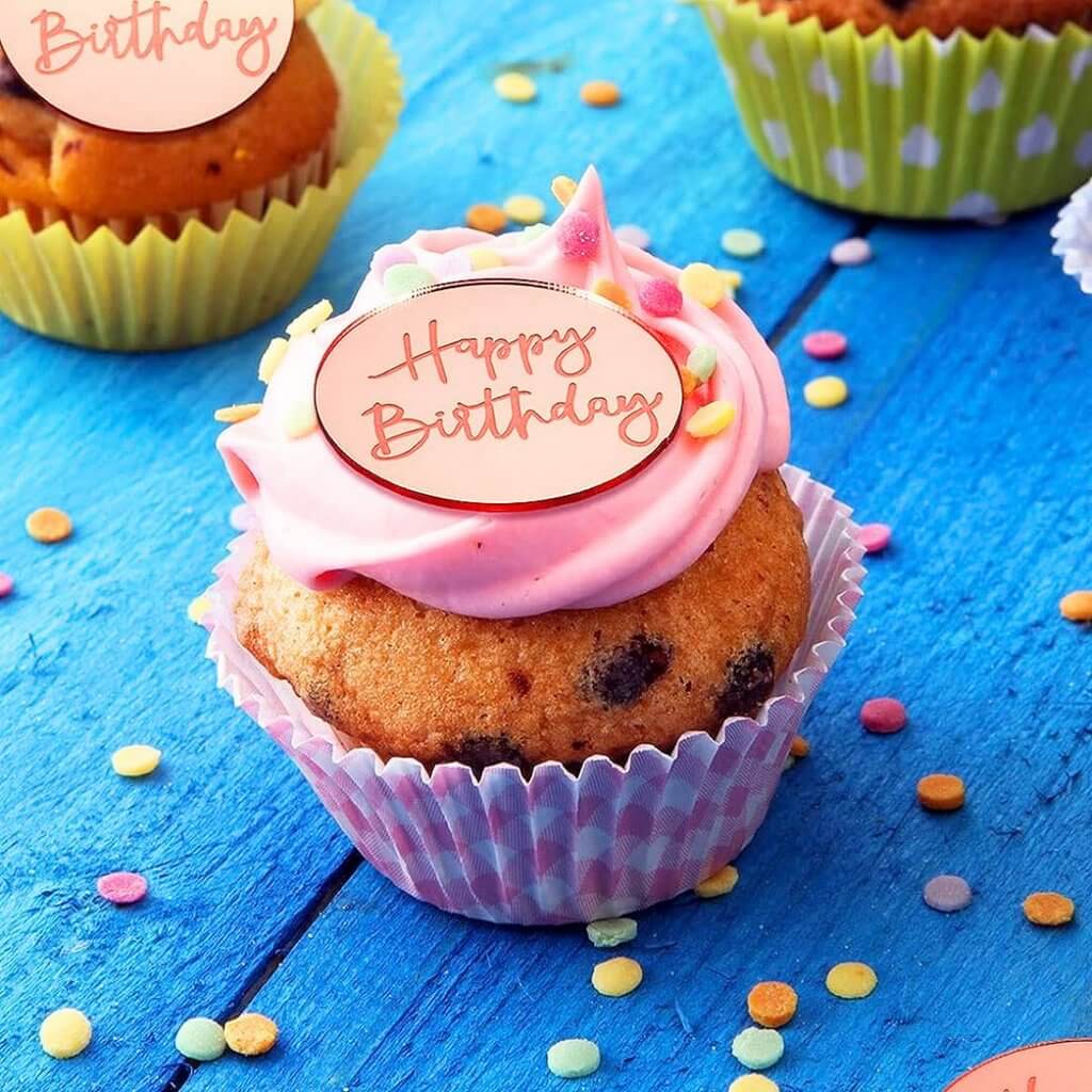Acrylic Rose Gold Round Disc Happy Birthday Cupcake Topper