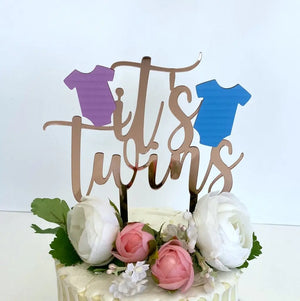 Rose Gold Acrylic 'It's Twins' Pink & Blue Onesie Cake Topper