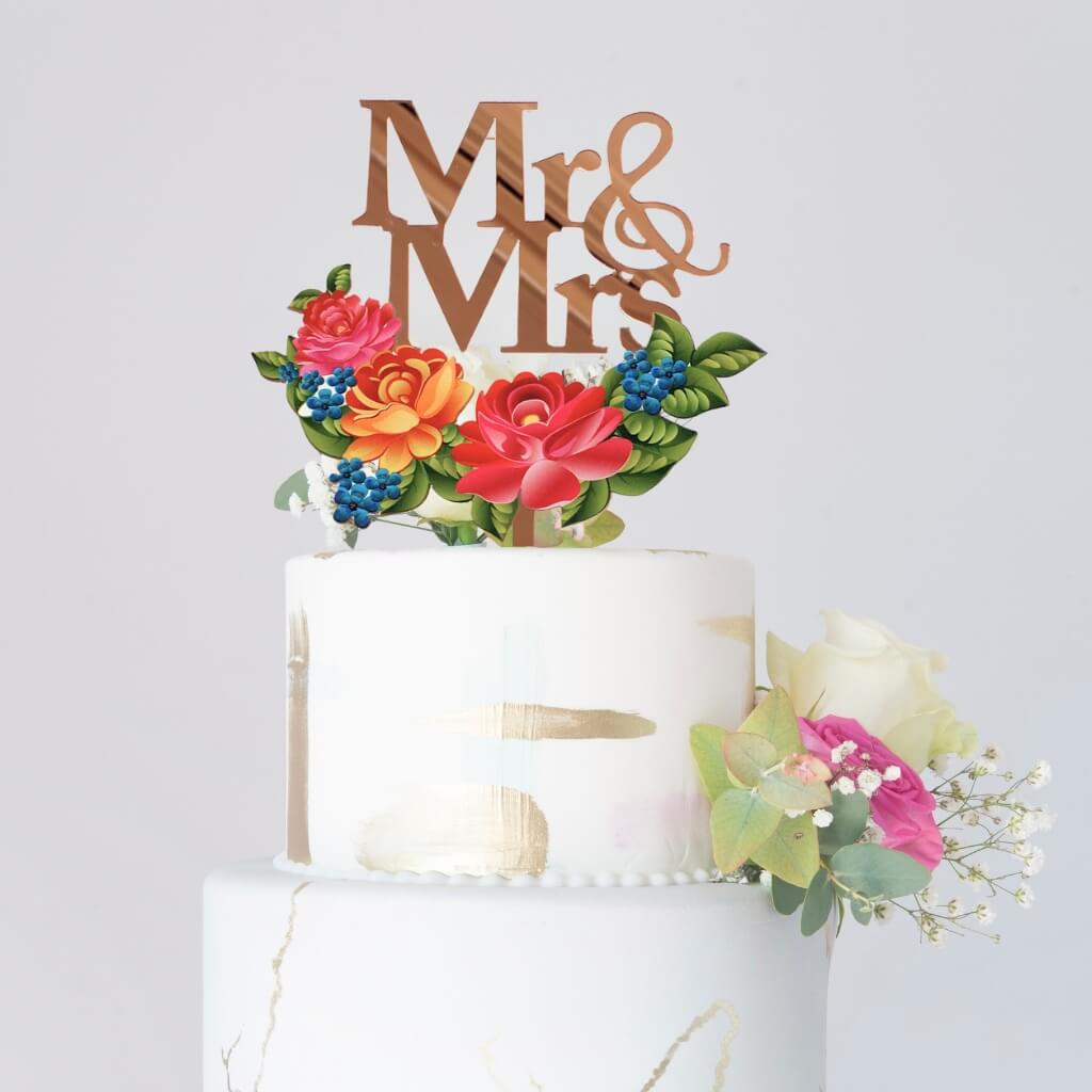 Rose Gold Mirror Mr and Mrs Floral Wreath Wedding Cake Topper