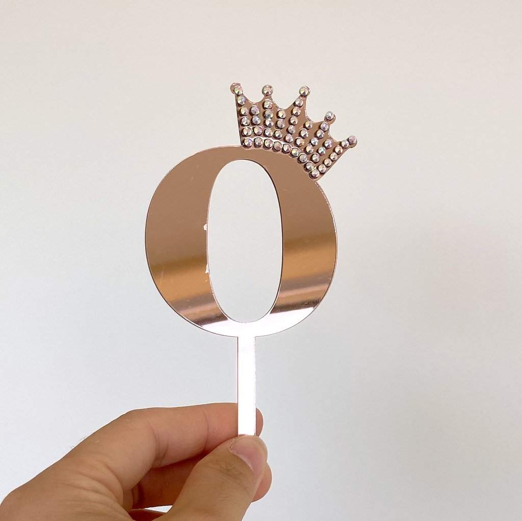 Acrylic Rose Gold Mirror Number 0 Rhinestone Crown Cake Topper