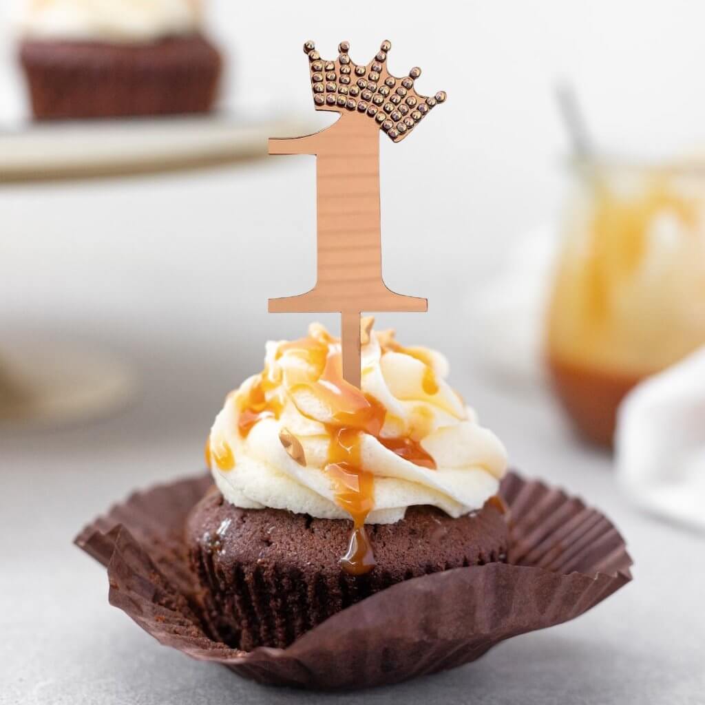 Acrylic Rose Gold Mirror Number 1 Rhinestone Crown Cupcake Topper