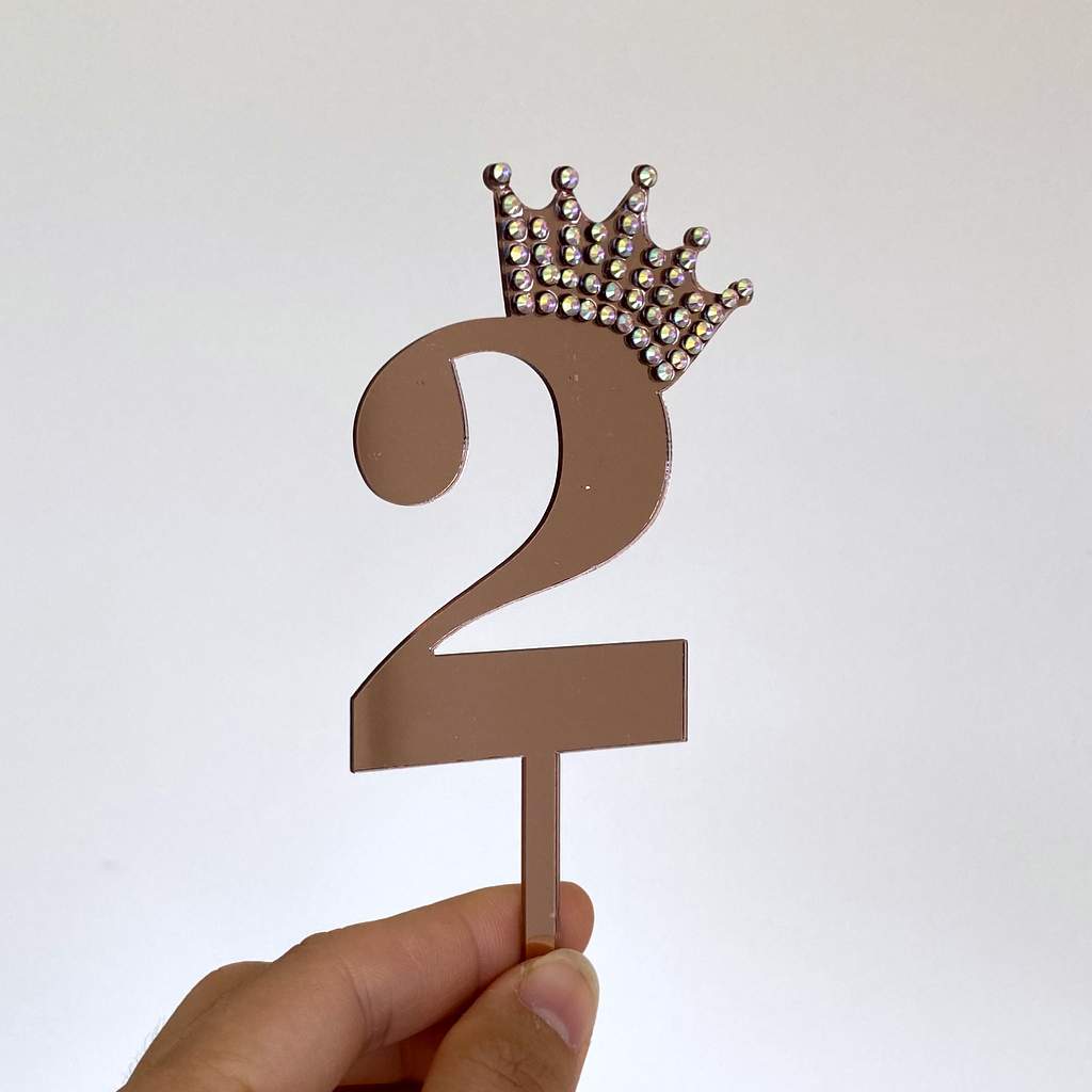 Acrylic Rose Gold Mirror Number 2 Rhinestone Crown Cupcake Topper