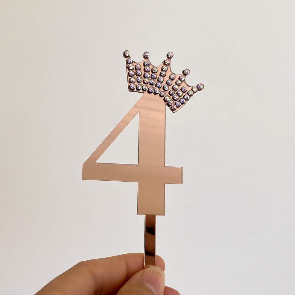 Acrylic Rose Gold Mirror Number 4 Rhinestone Crown Cake Topper