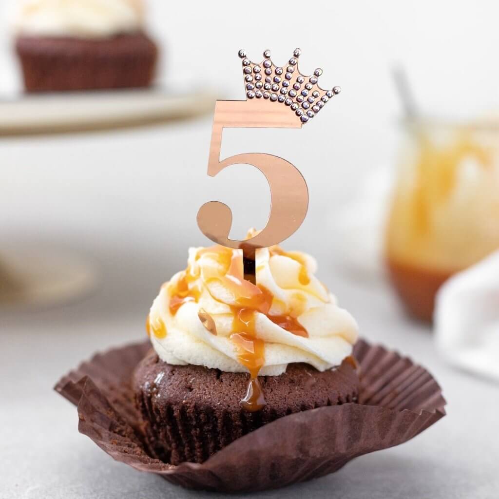 Acrylic Rose Gold Mirror Number 5 Rhinestone Crown Cupcake Topper