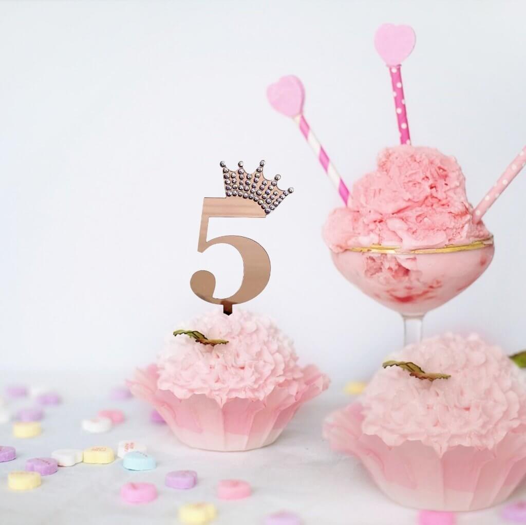 Acrylic Rose Gold Mirror Number 5 Rhinestone Crown Cupcake Topper