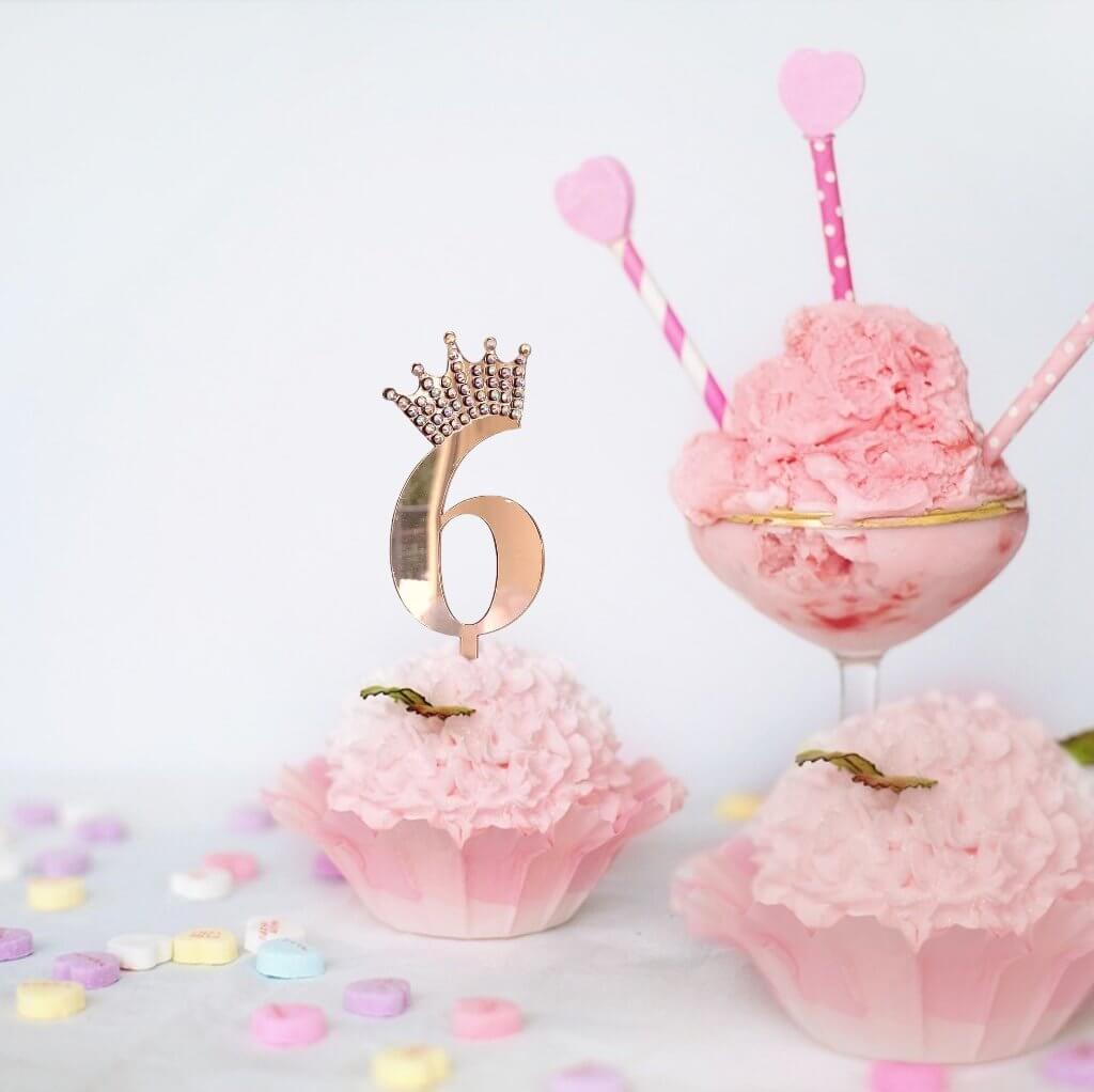 Acrylic Rose Gold Mirror Number 6 Rhinestone Crown Cupcake Topper