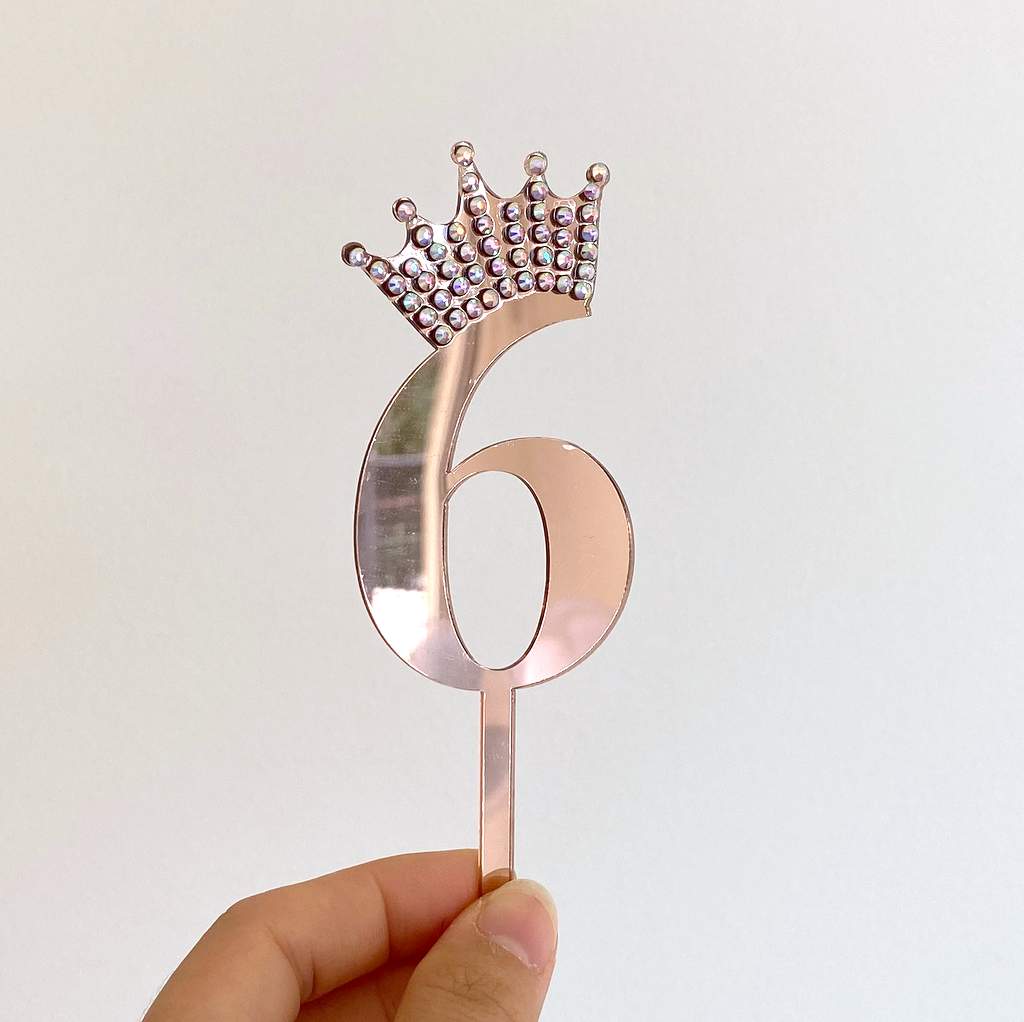 Acrylic Rose Gold Mirror Number 6 Rhinestone Crown Cupcake Topper