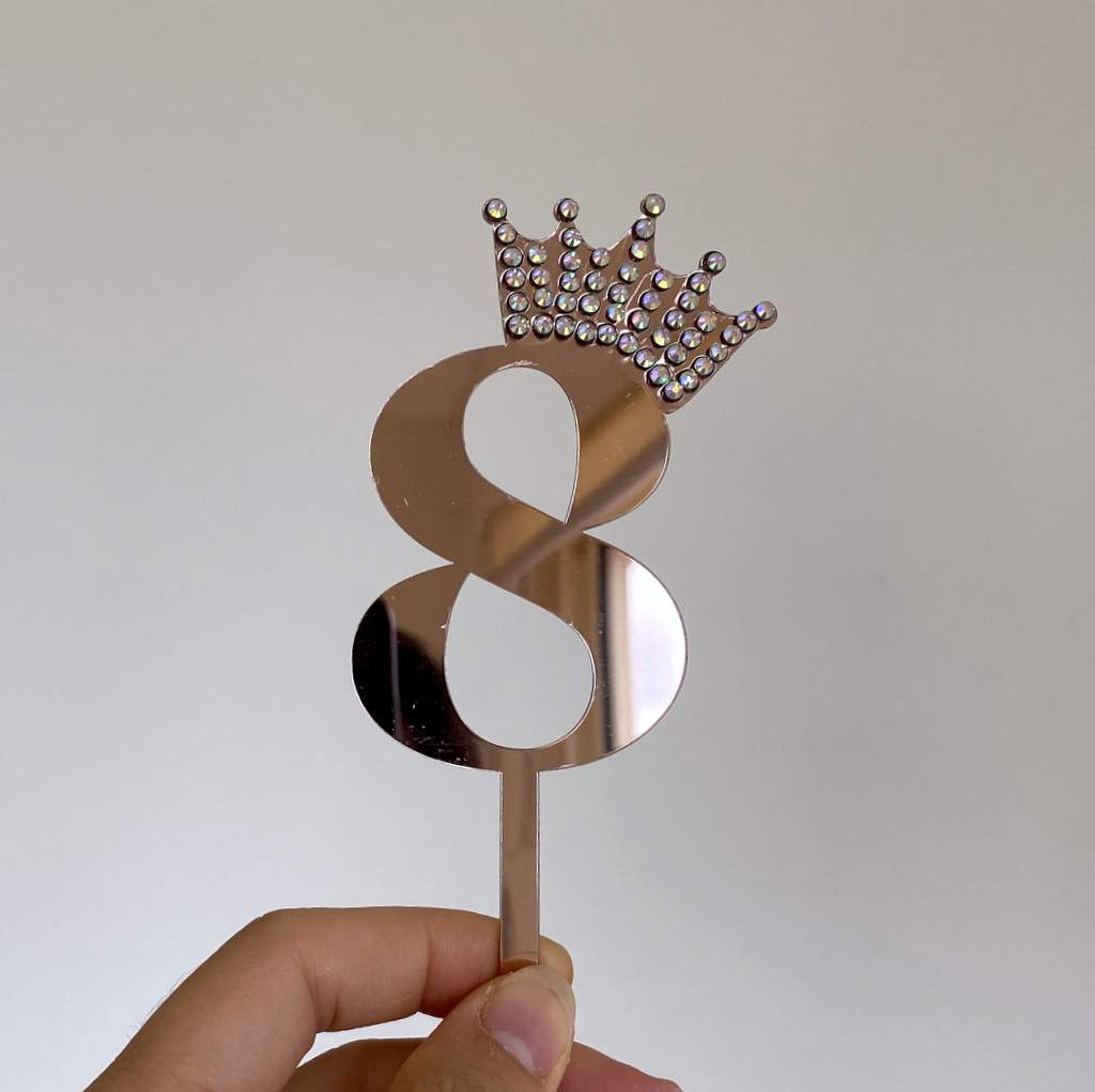 Acrylic Rose Gold Mirror Number 8 Rhinestone Crown Cupcake Topper