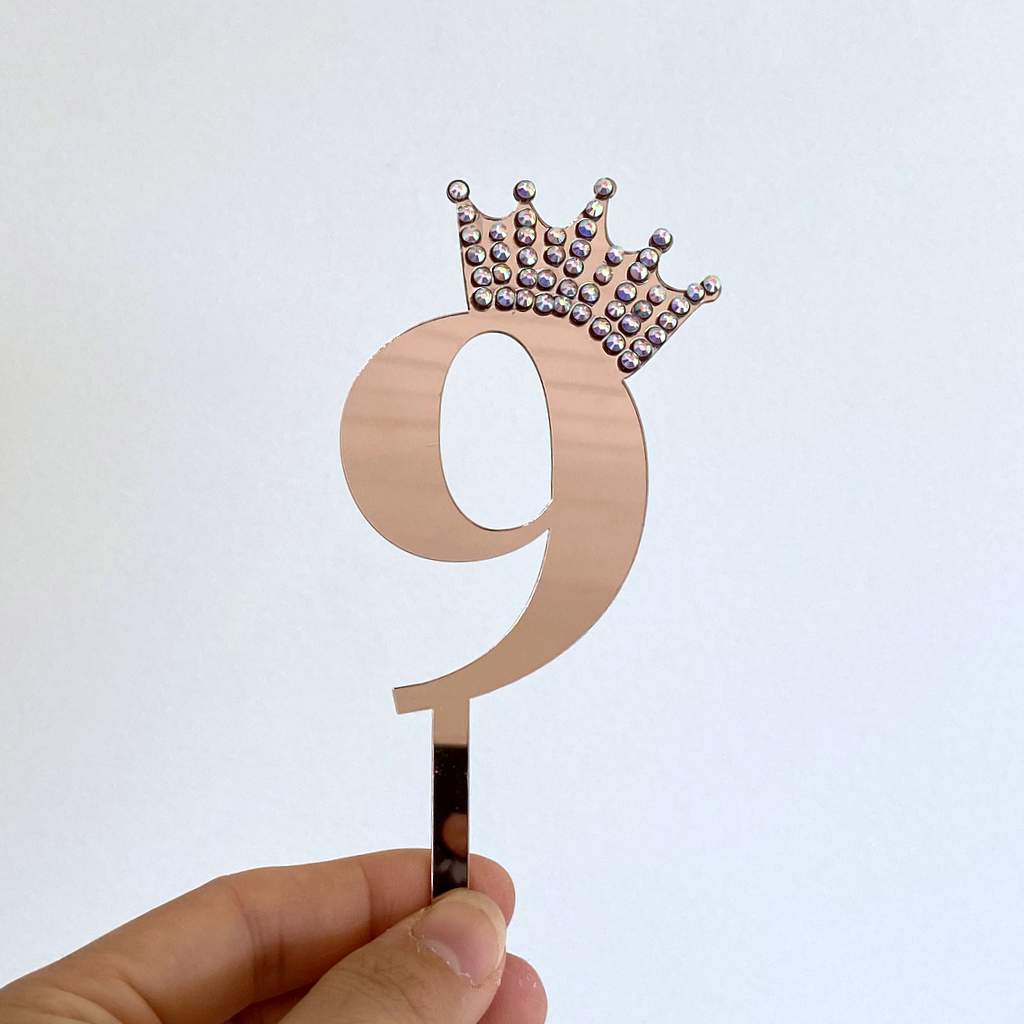Acrylic Rose Gold Age 9 Rhinestone Crown Cupcake Topper
