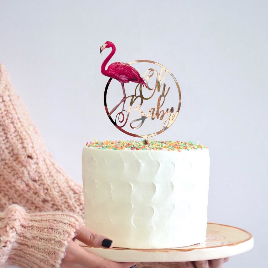 Rose Gold Mirror Acrylic Oh Baby Flamingo Loop Cake Topper - Baby Shower, Gender Reveal Laser Cut Script Cake Topper