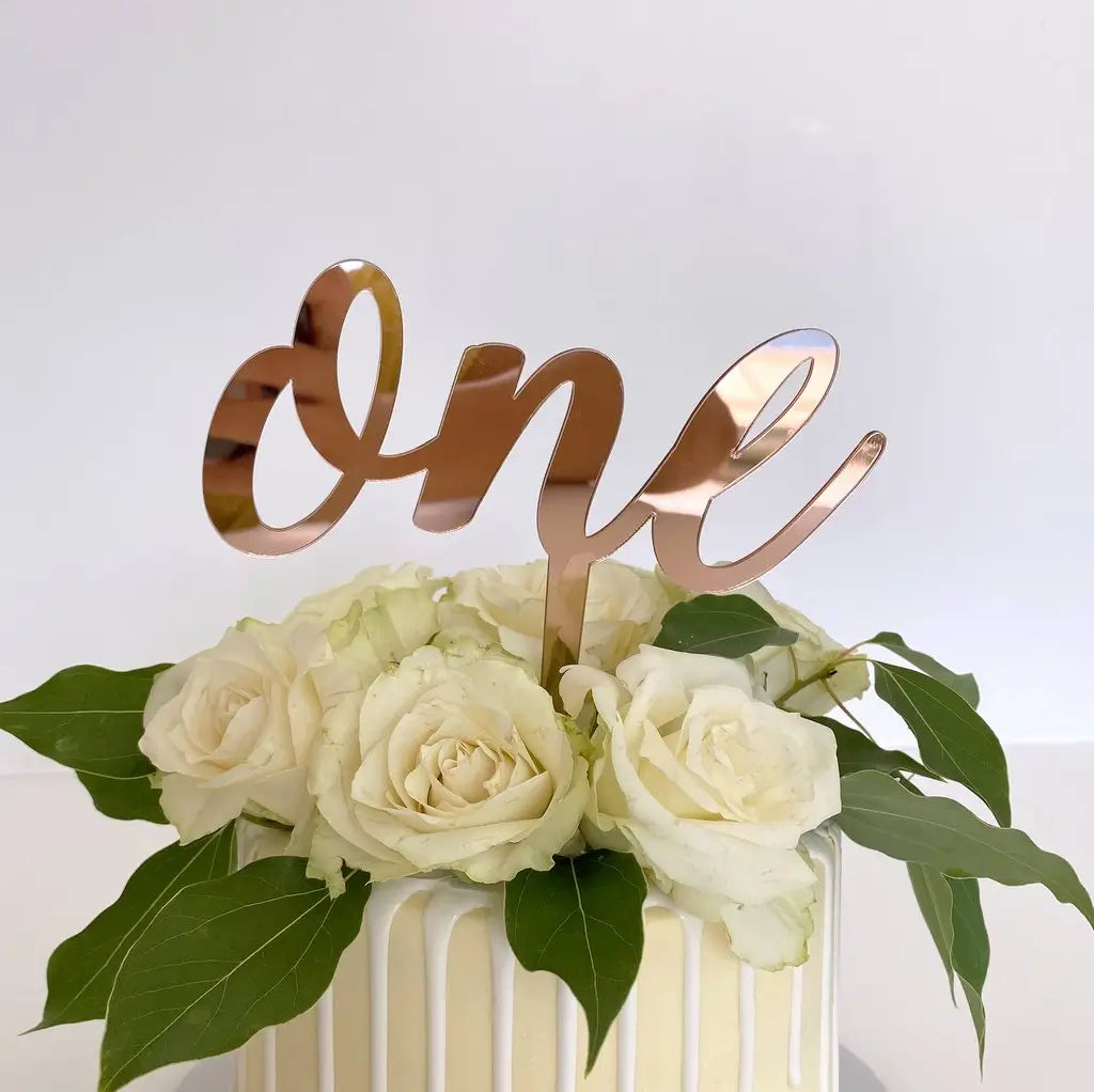 Rose Gold Mirror Acrylic One Script Happy 1st Birthday Cake Topper
