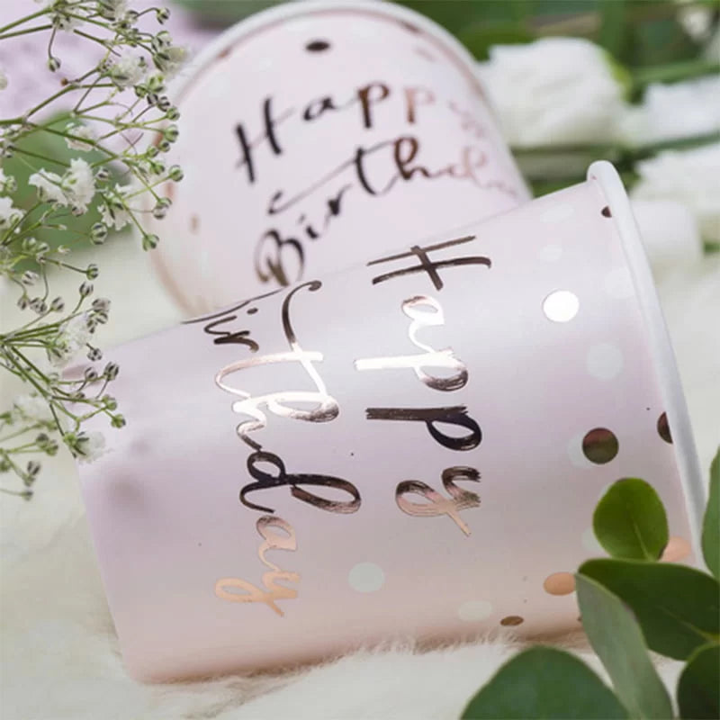 Rose Gold Dot Happy Birthday Paper Cups 6pk