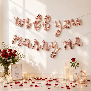 Rose Gold WILL YOU MARRY ME Lowercase Foil Balloon Banner