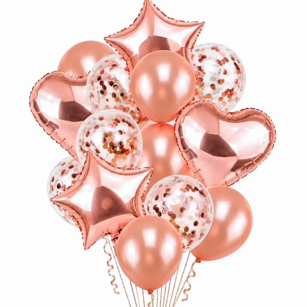Rose Gold Star Heart Foil Confetti Latex Balloon Bouquet 14 Pieces 