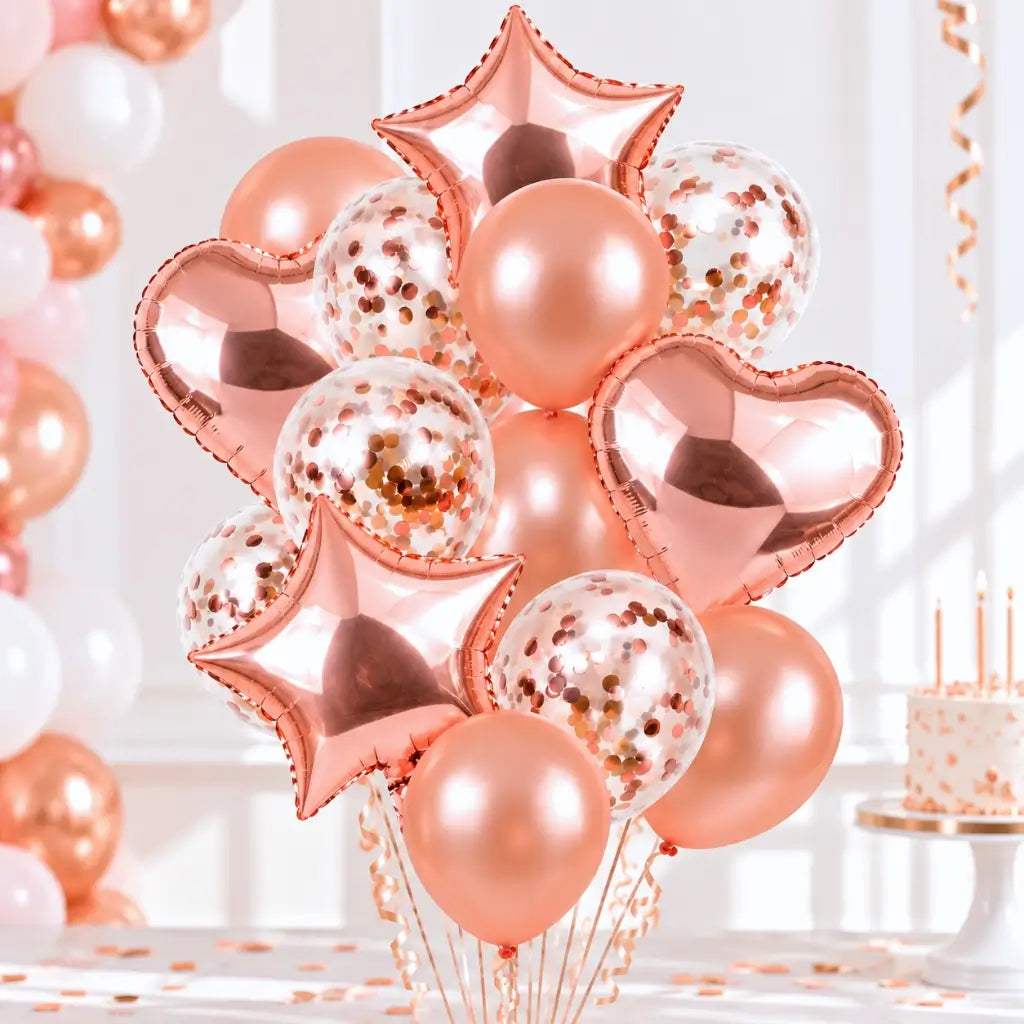 Rose Gold Star Heart Foil Confetti Latex Balloon Bouquet 14 Pieces 