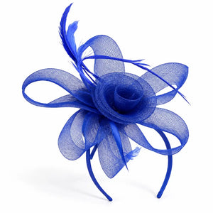Women’s blue mesh flower fascinator with curved quills and feather accents