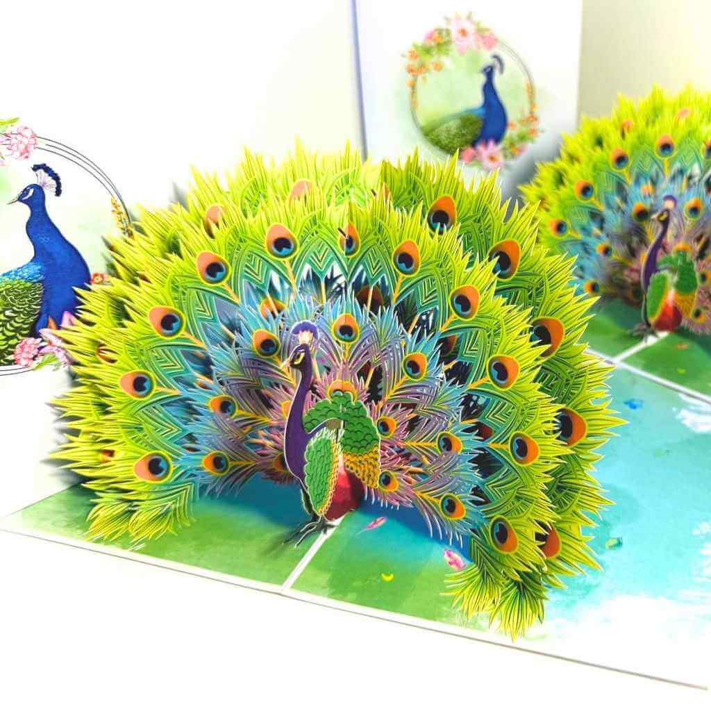 Royal Blue Peacock on Green Grass 3D Pop Up Greeting Card