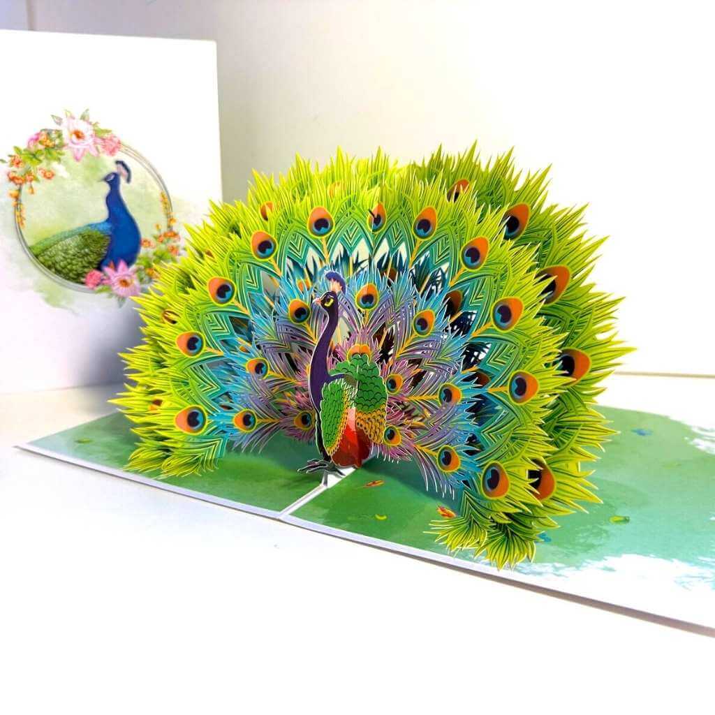 Royal Blue Peacock on Green Grass 3D Pop Up Greeting Card