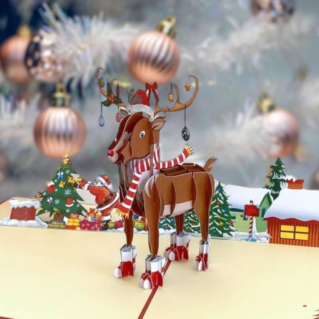 Handmade 3D Rudolph the Red-Nosed Reindeer Pop Up Card - Pop Up Christmas Cards