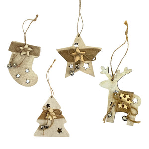 Vintage nordic rustic wooden Christmas ornament with hessian and silver bells